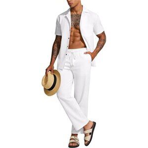 Men's 2 Piece Linen Set Button Down Shirt and Pants Summer Casual Outfit
